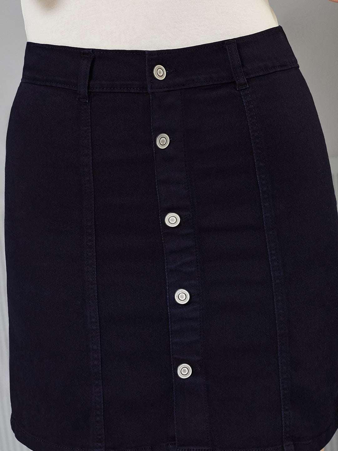 Navy-Blue Stretchable Solid A-line Mini Denim Skirt for Women