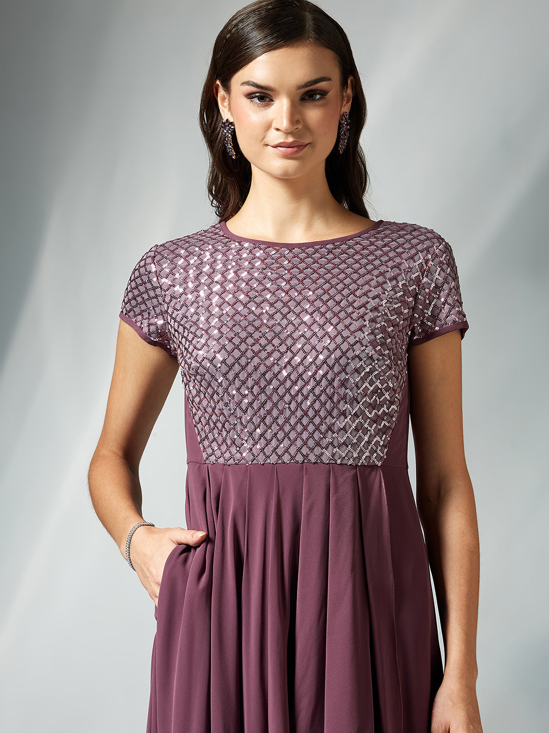 Mauve Cap Sleeves Embellished Fit and Flare Maxi Dress for Women