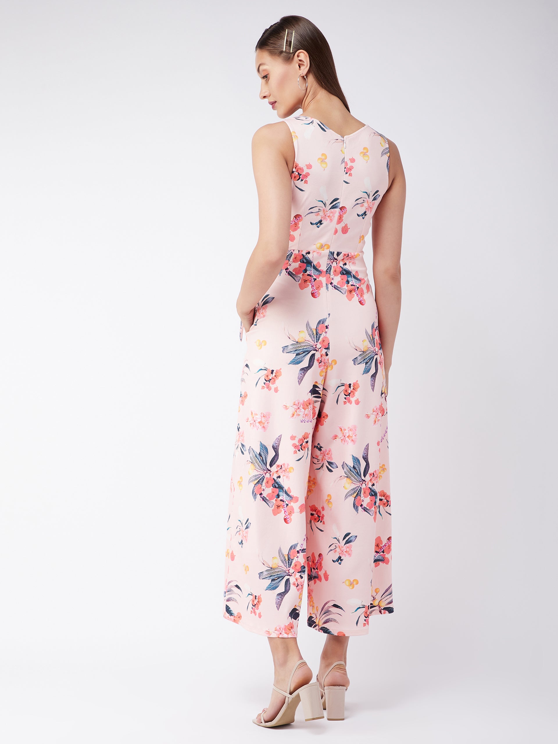 Crease Ease Women's Multicolored-Base-Peach V-Neck Sleeveless Floral Wrap/Wide-Leg Regular Jumpsuit