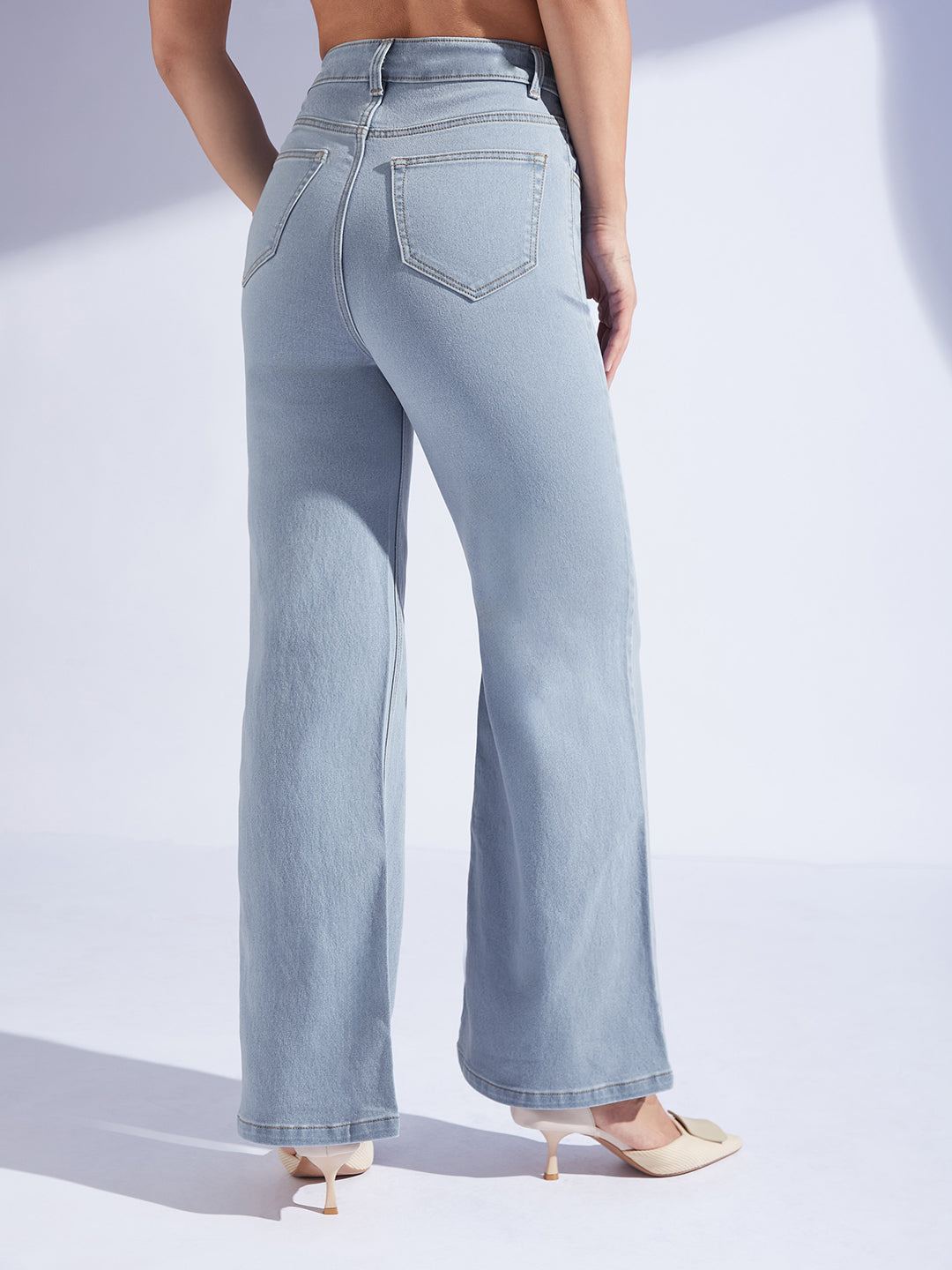 Women's Light Blue High-Rise Wide Leg Stretch Denim Jeans with Tie-Up Waist