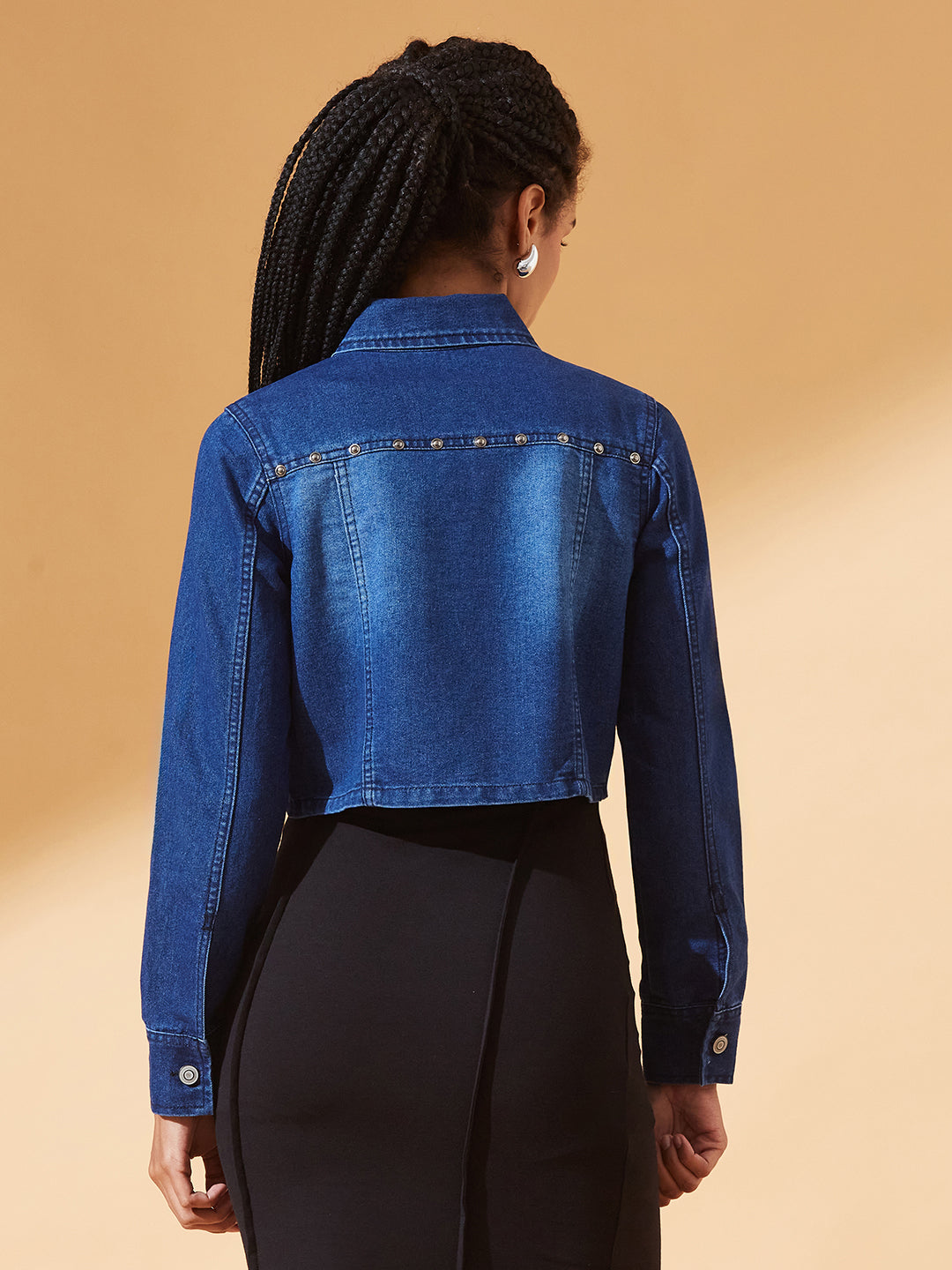 Navy-Blue Solid Polo Neck Full Sleeves Buttoned Denim Embellished Cropped Jacket for Women