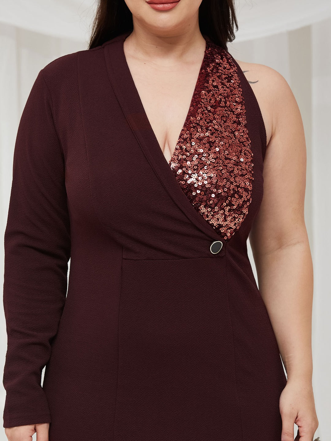 Wine V Neck Asymmetric Sleeve Embellished Blazer Maxi Dress for Women — Miss Chase A+