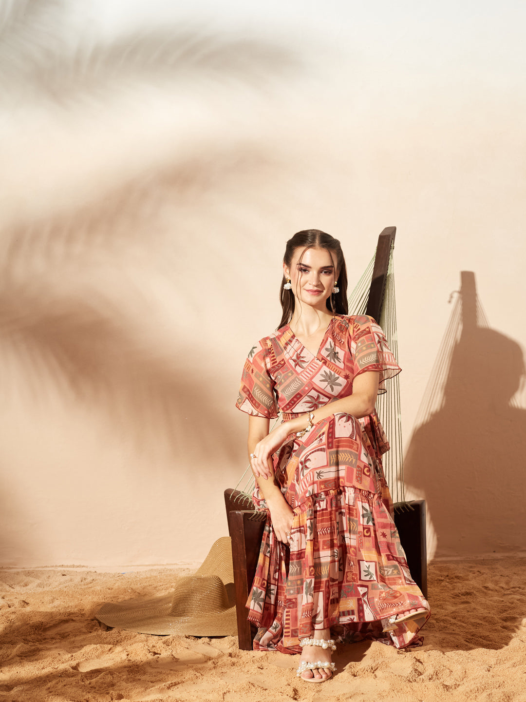 Peach Floral Printed Flutter Sleeves Maxi Dress for Women