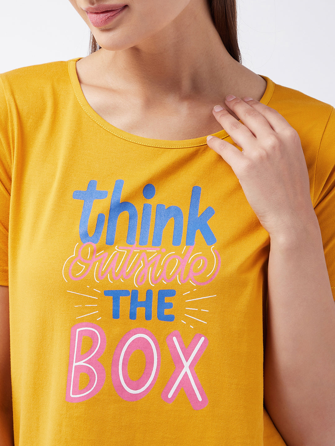 Women's Mustard Cotton Solid Regular Length Round Neck Short Sleeves Loungewear T-shirt