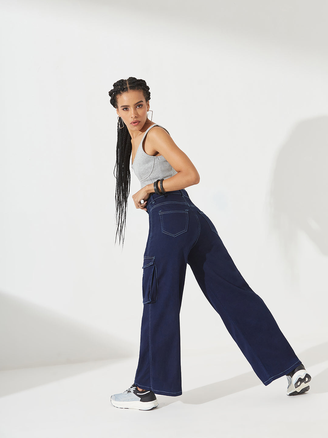 Navy-Blue Wide-Leg High-Rise Regular Stretchable Denim Jeans for Women