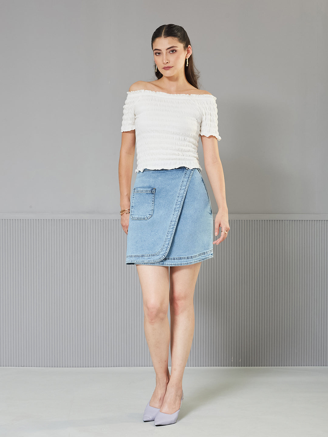 Women's Light Blue Regular High-Rise Above-Knee Stretchable Denim Skirt
