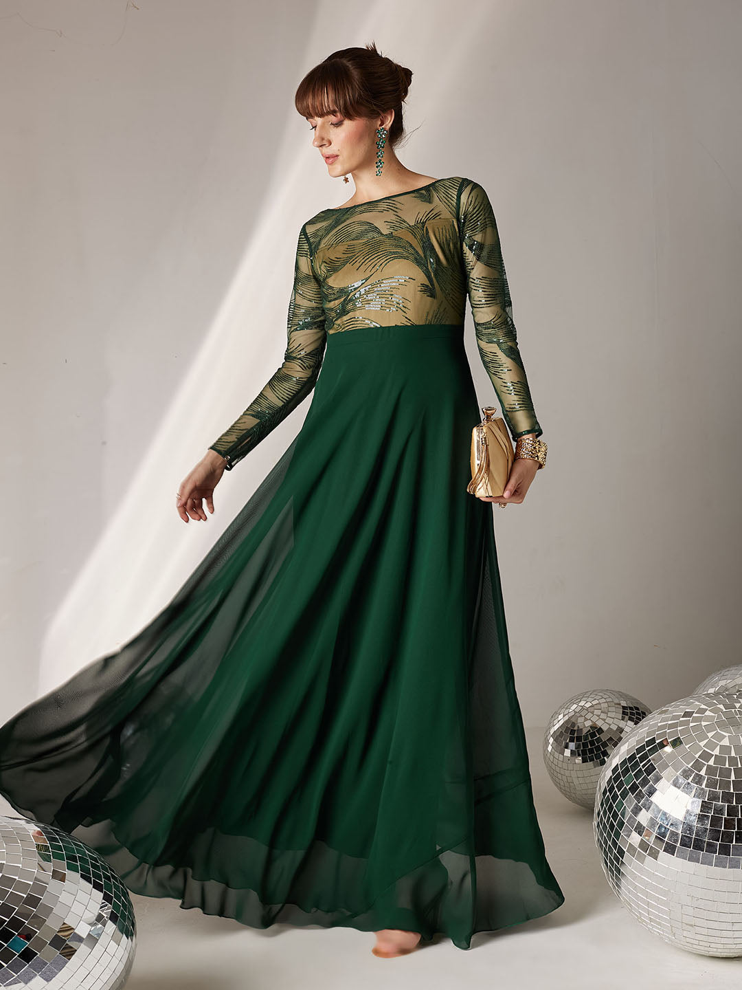 Women's Green & Beige Solid Embellished Maxi Dress