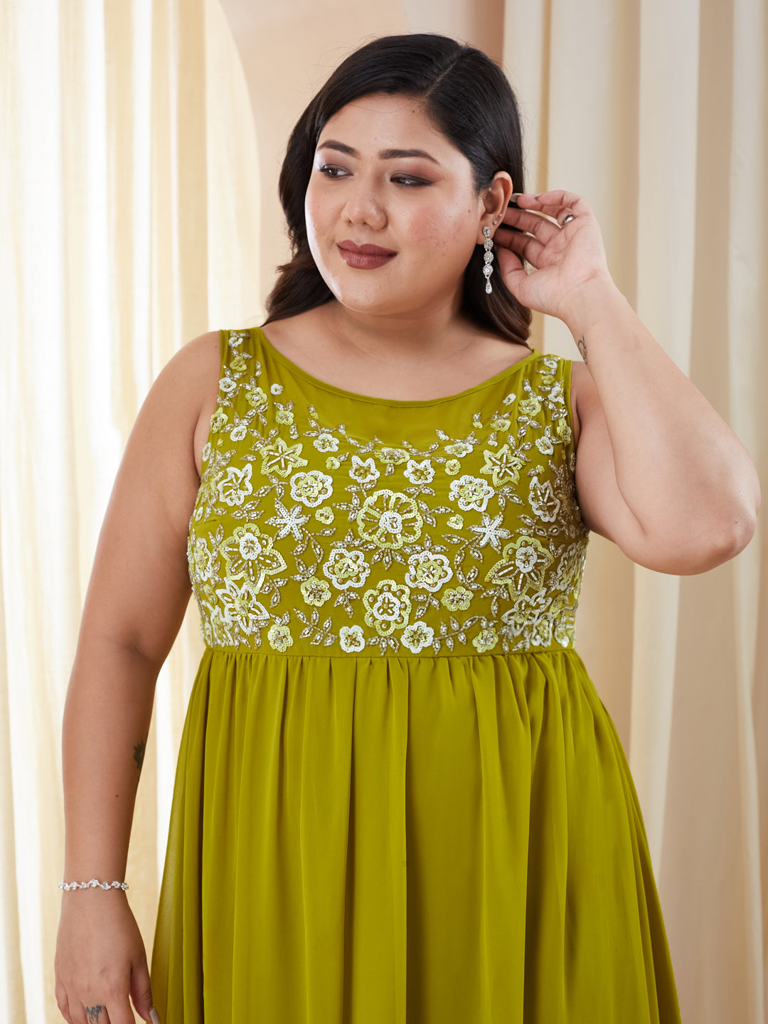 Lemon Green Boat Neck Sleeveless Embroidered Georgette Gathered Maxi Dress for Women