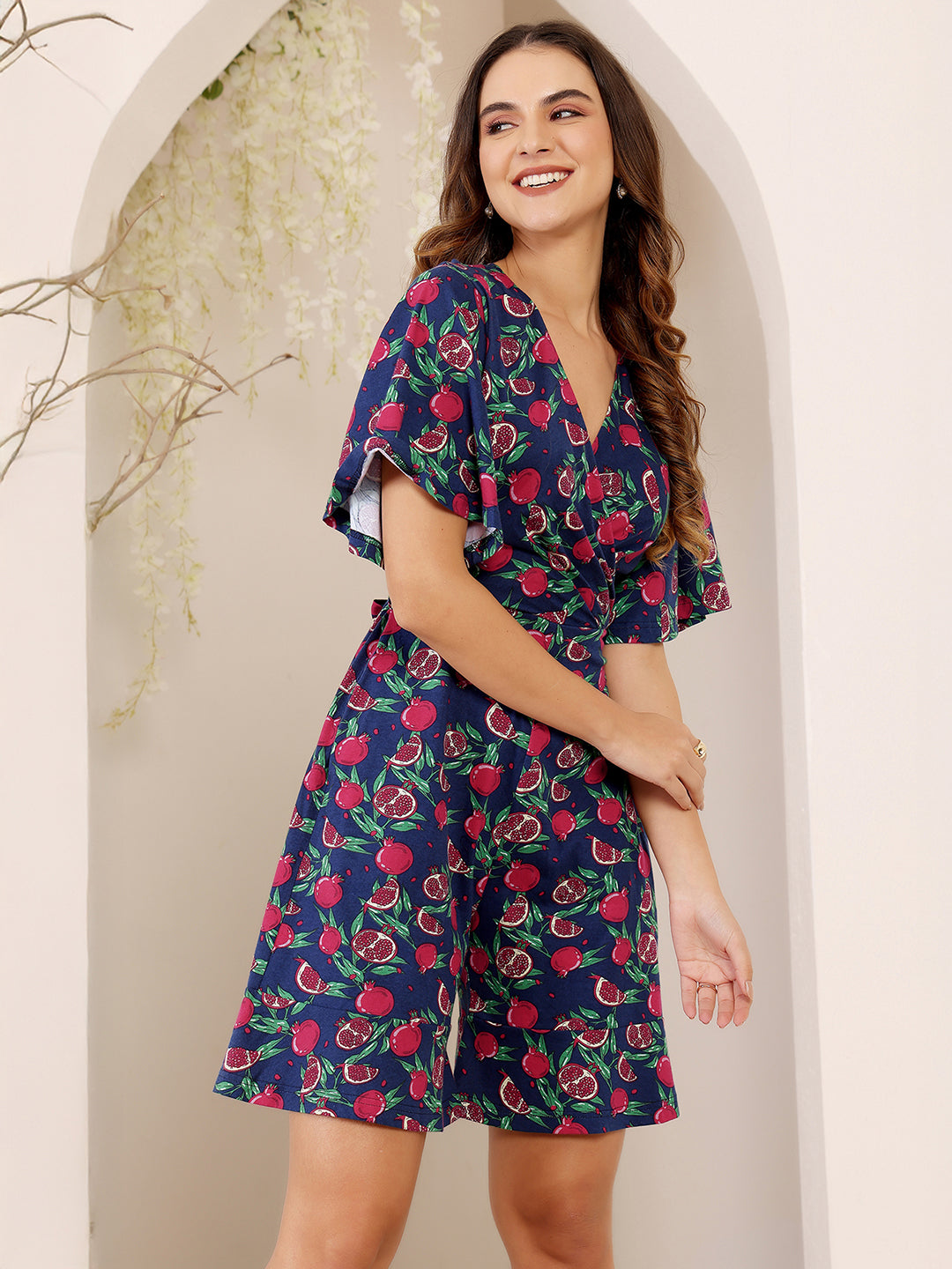 Women's Multicolored-Base-Navy Blue V-Neck Half-Sleeve Tropical-Printed Wrap Knee-Long Cotton Playsuit
