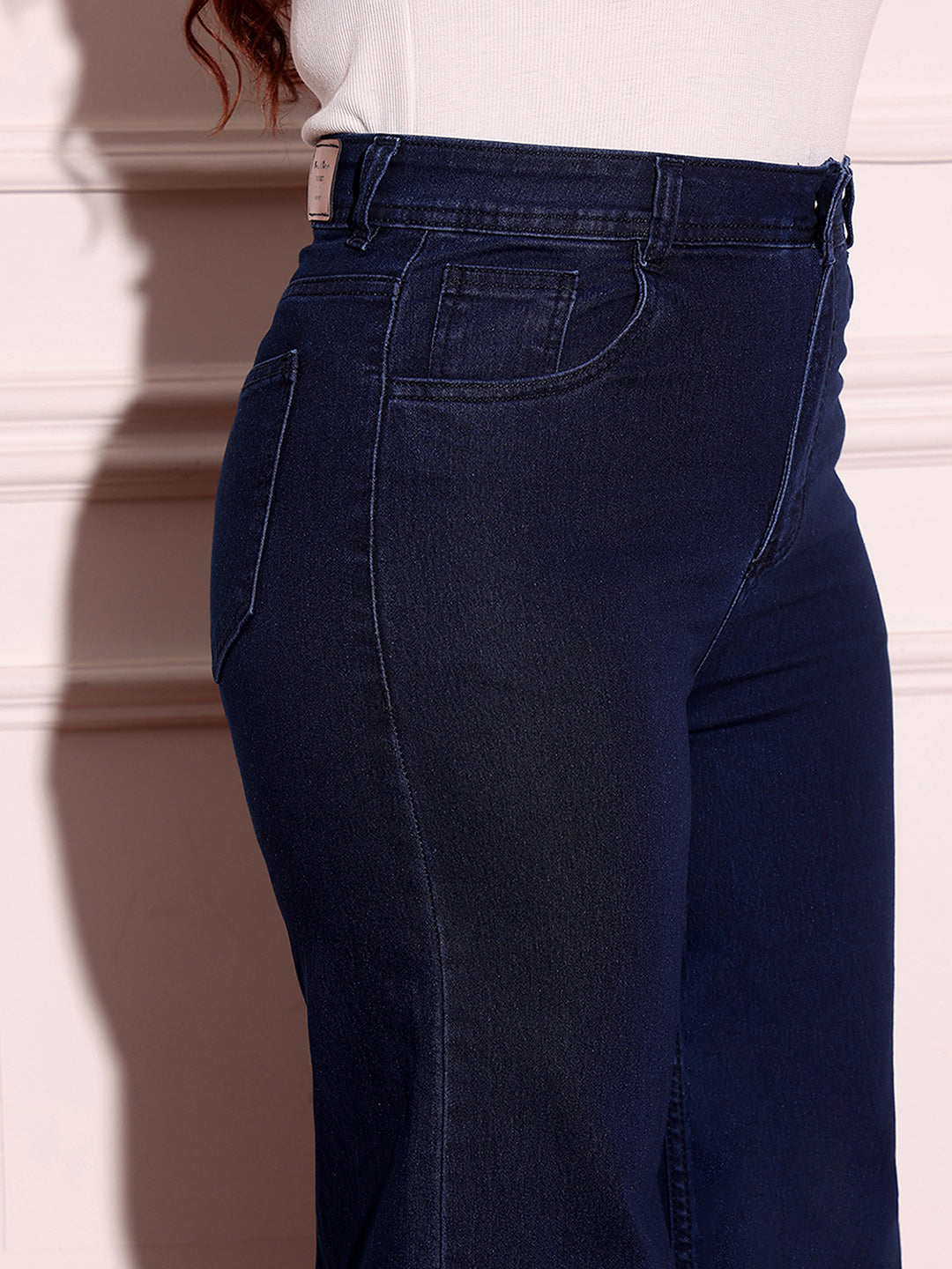CHASEstretch™ Navy-Blue Wide-Leg High-Rise Clean-Look Regular-Length Stretchable Denim Jeans for Women — Miss Chase A+