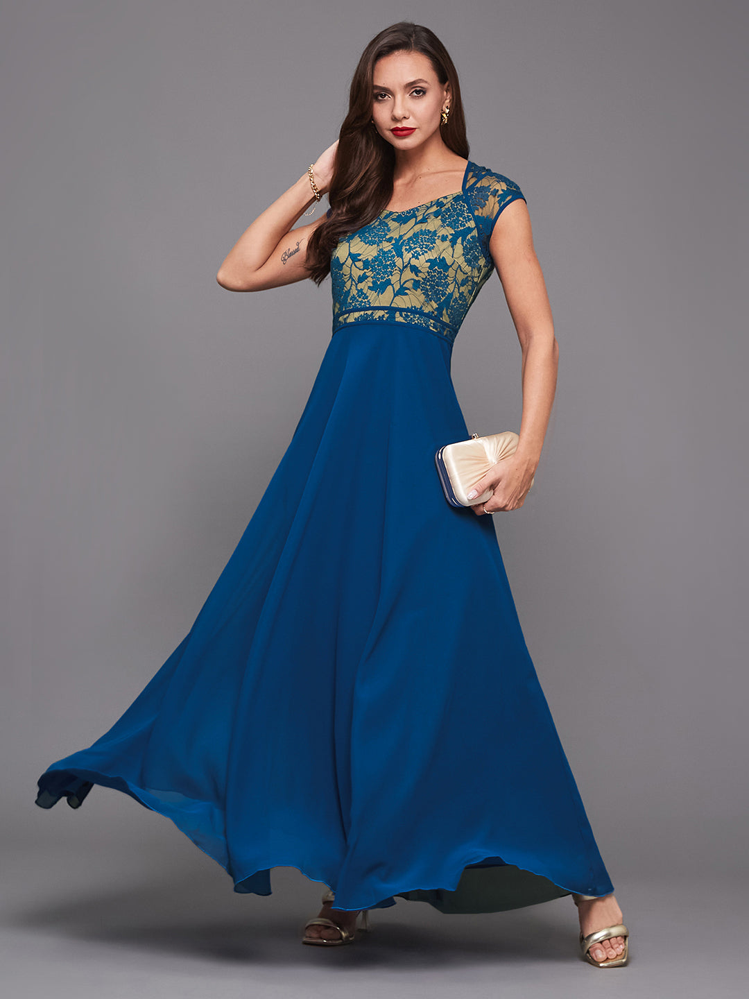 Royal Blue Floral Cap Sleeves Fit and Flare Lace Maxi Dress Long Dress Frock for Women