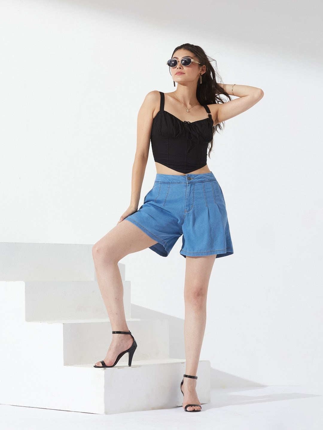 Blue Flared High-Rise Stretchable Special Light-Weight Denim Shorts for Women