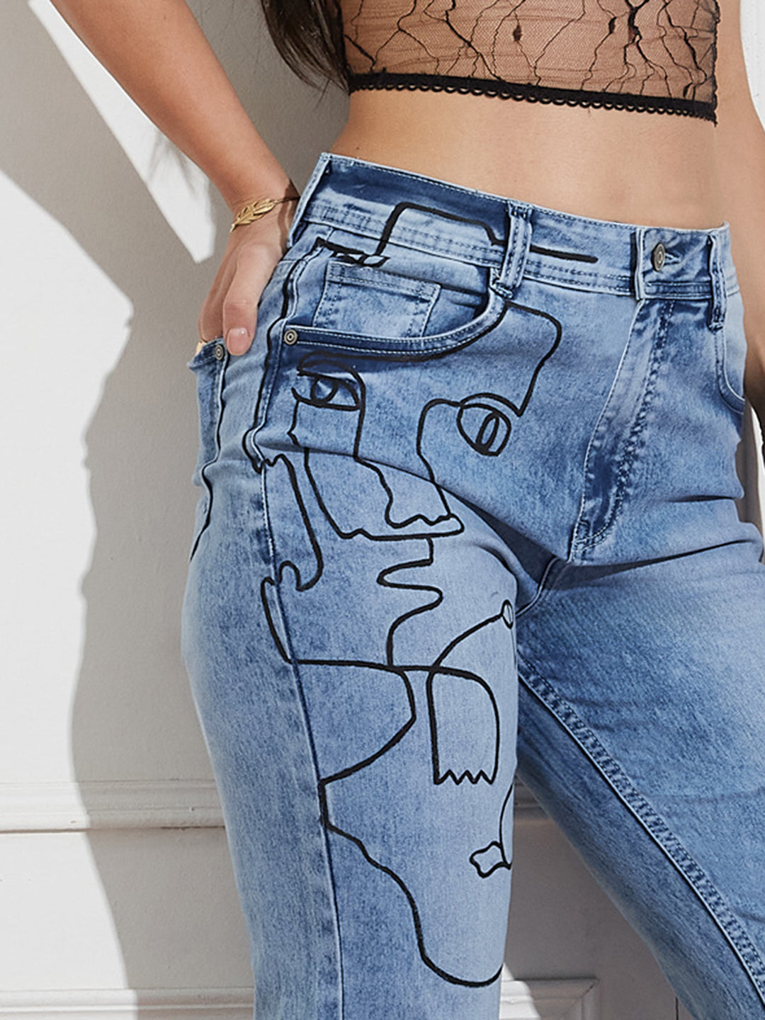 Women's Light Blue Mom Fit High Rise Hand Painted Heavy Wash Stretchable Denim Jeans