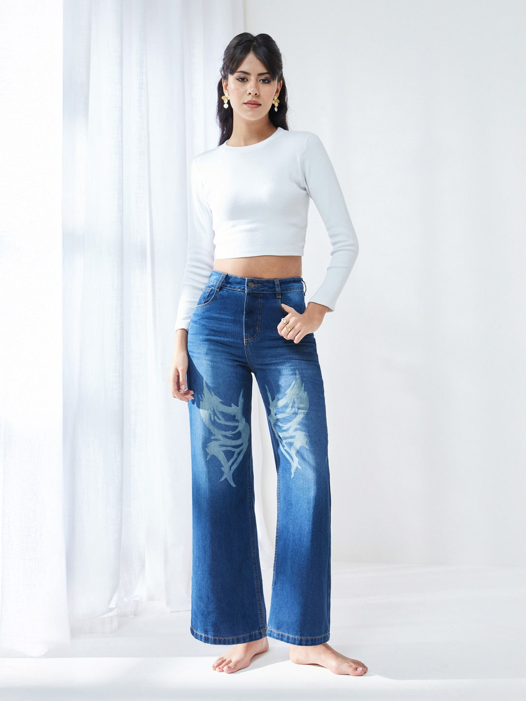 Navy Blue High-Rise Wide-Leg Flared Non-Stretch Jeans with Hand-Painted Art for Women