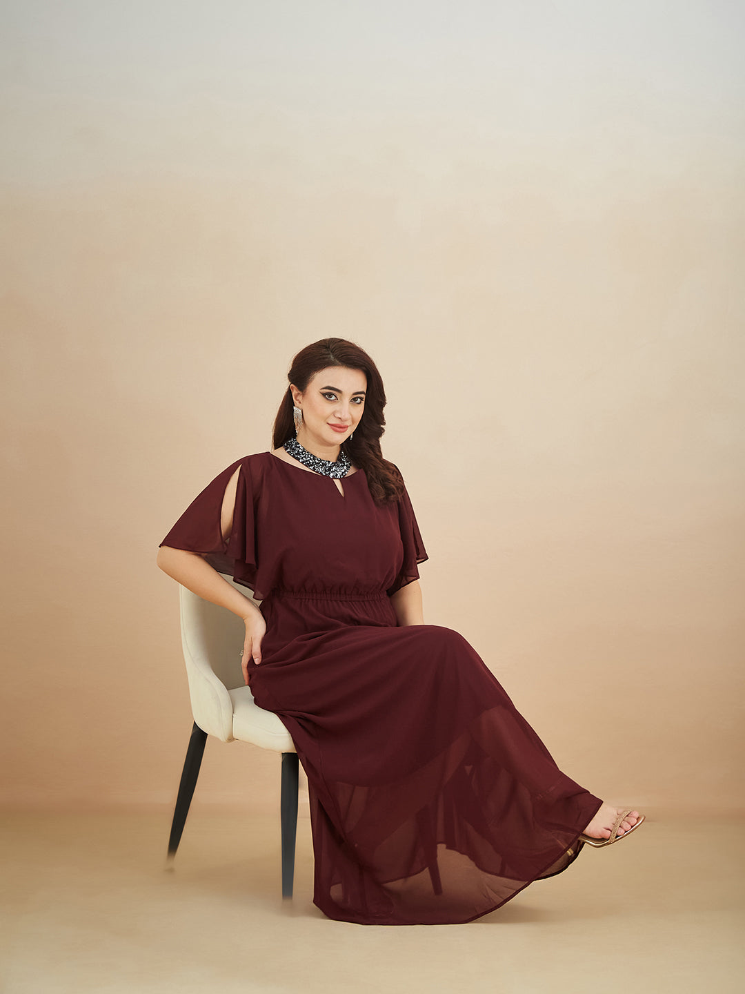 Wine Red Round Neck Flared Solid Embellished Choker/Gathered Maxi Dress for Women