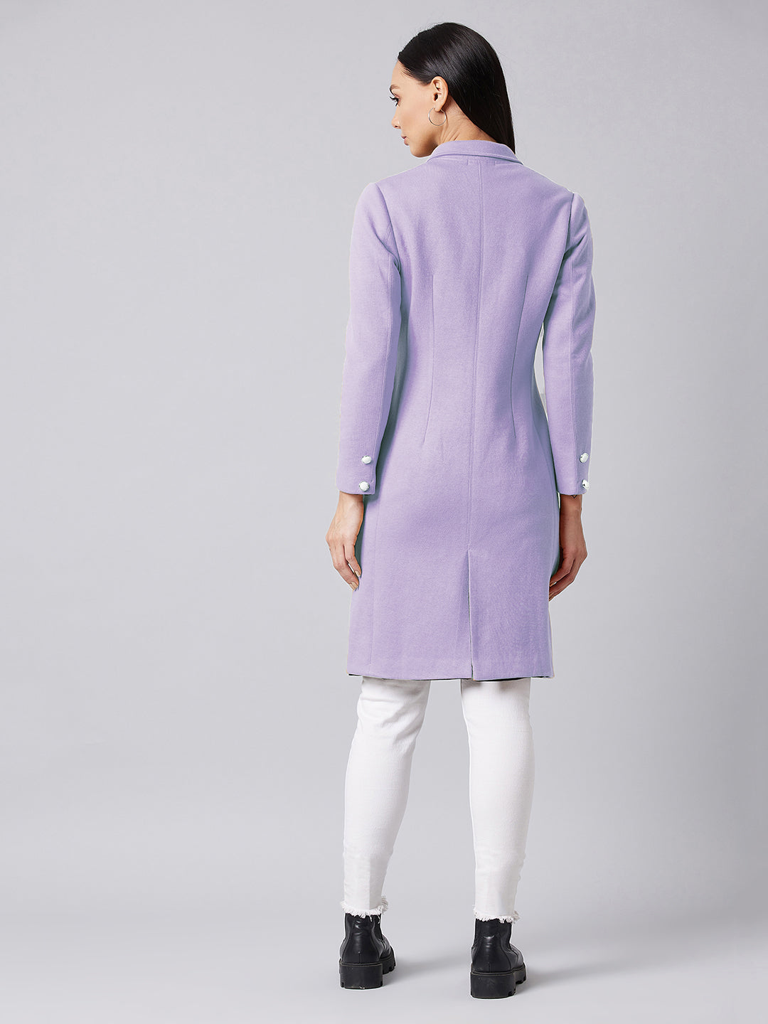 Women's Lavender Notch Collar Full sleeve Solid Paneled Knee length Jacket