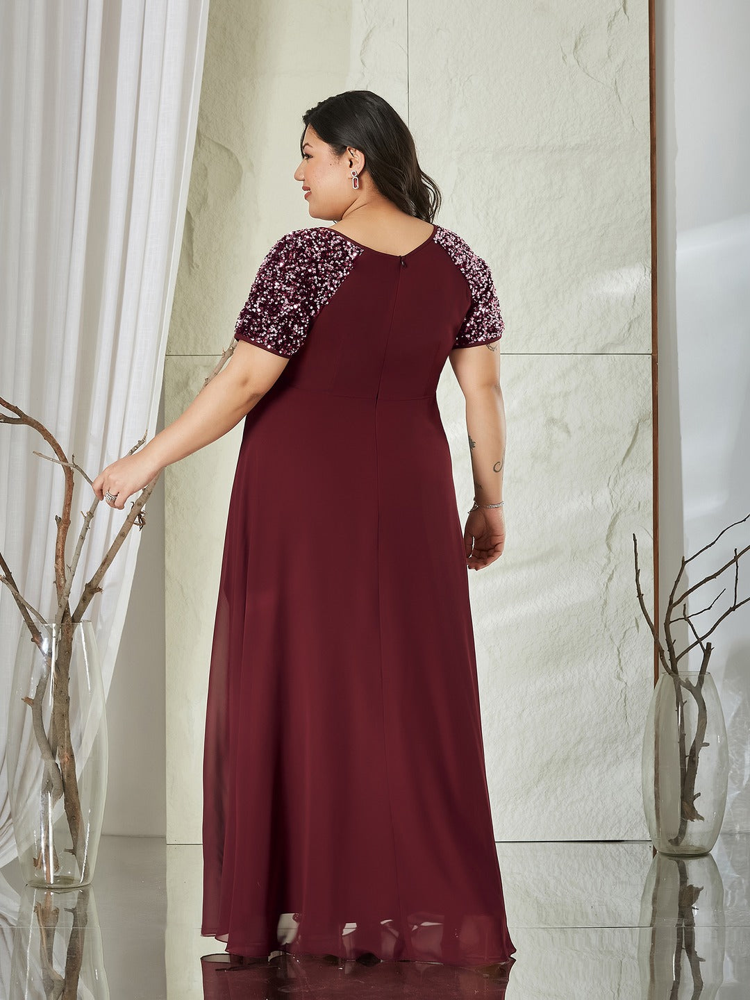 Wine Relaxed Fit Maxi Georgette Dress for Women