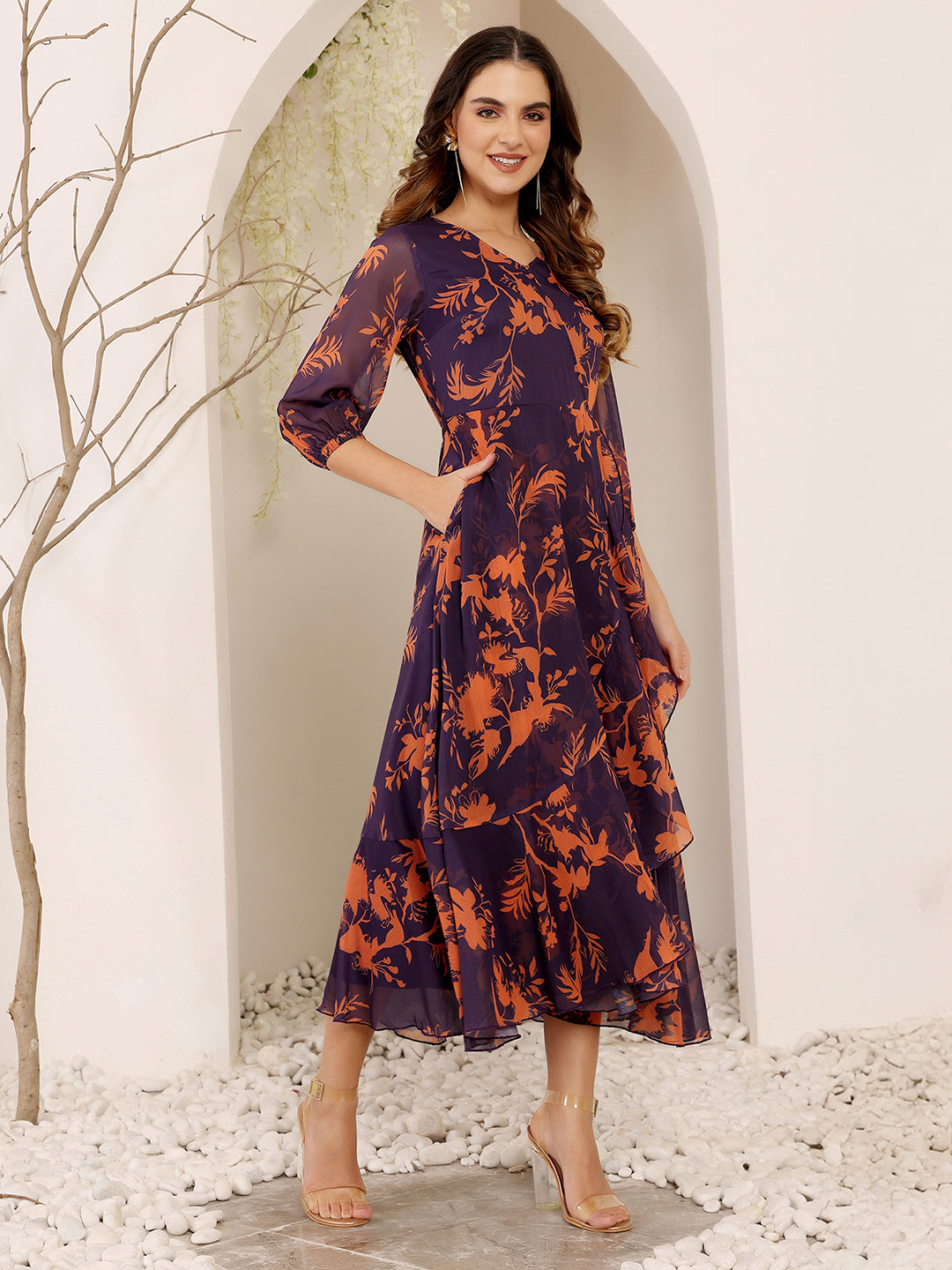 Women's Multicolored-Base-Purple V-Neck 3/4 Sleeve Floral Wrap Chiffon Midi Dress