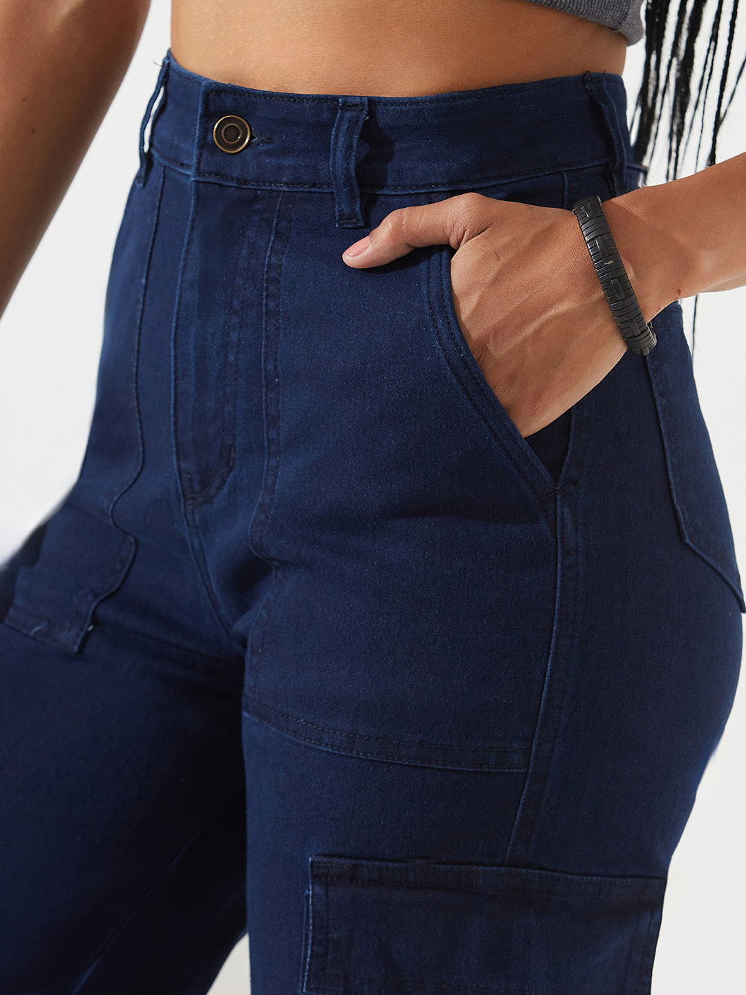 Navy-Blue Wide-Leg High-Rise Stretchable Cargo Denim Jeans for Women