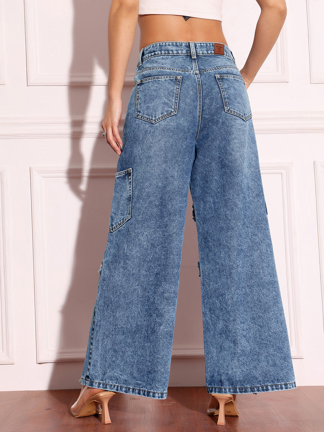Women's Navy-Blue Wide-Leg High-Rise Highly-Distressed Regular-Length Denim Jeans
