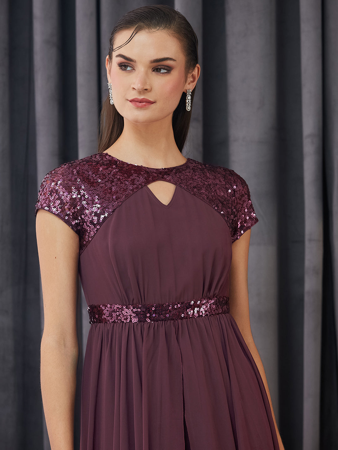 Women's Mauve Keyhole Short Sleeve Embellished Layered georgette Maxi Dress