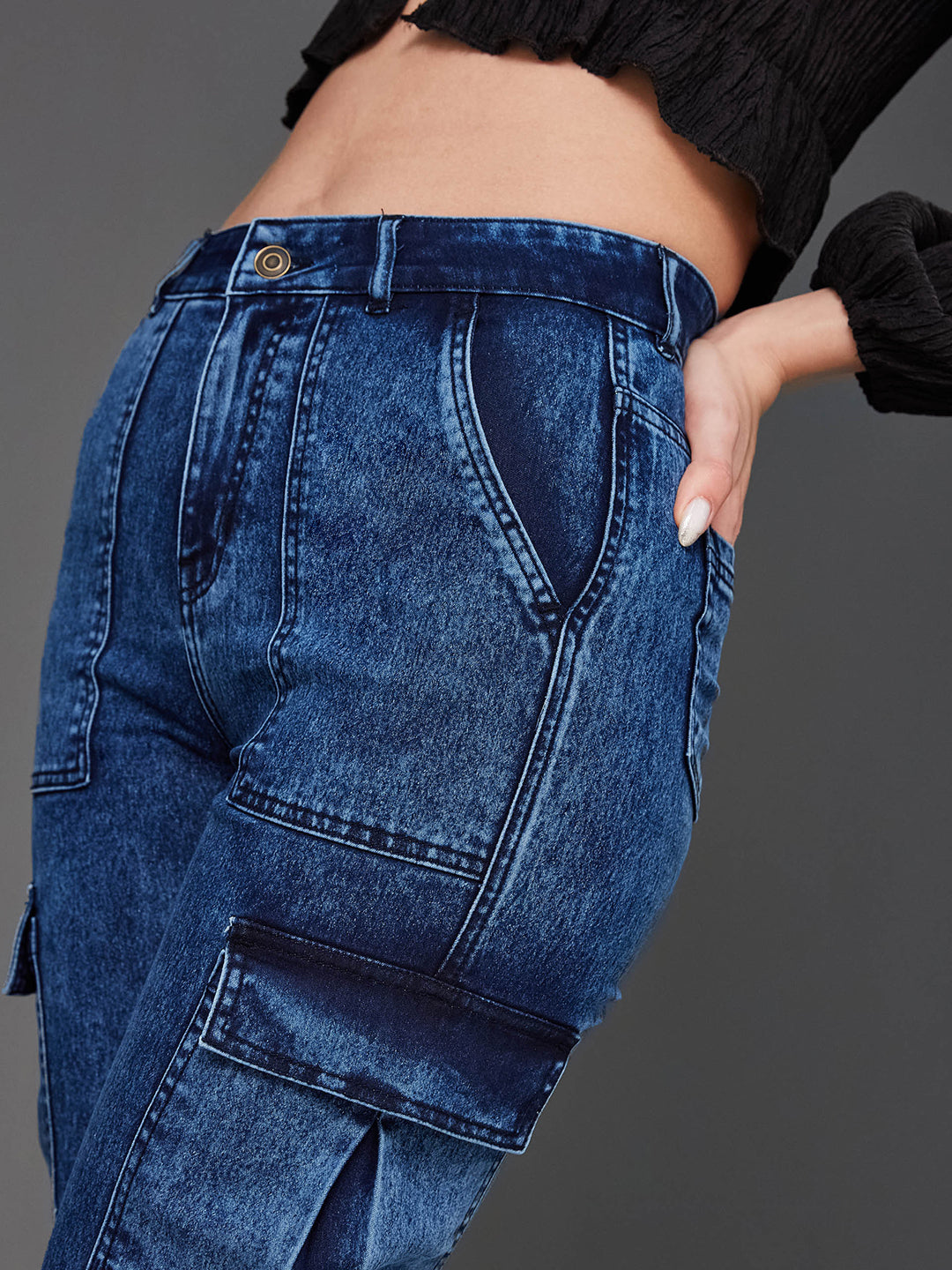 24/7 Comfort Mid Blue Wide-Leg High-Rise Clean-Look Regular-Length Stretchable Denim Cargo Jeans