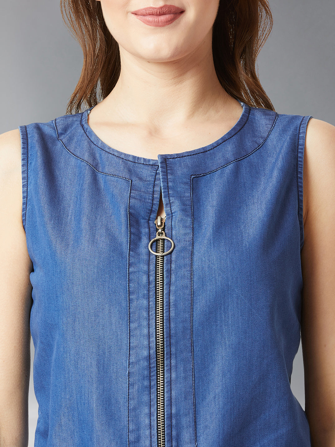 Women's Blue Polo Neck Sleeveless Denim Solid Midi Shift Dress