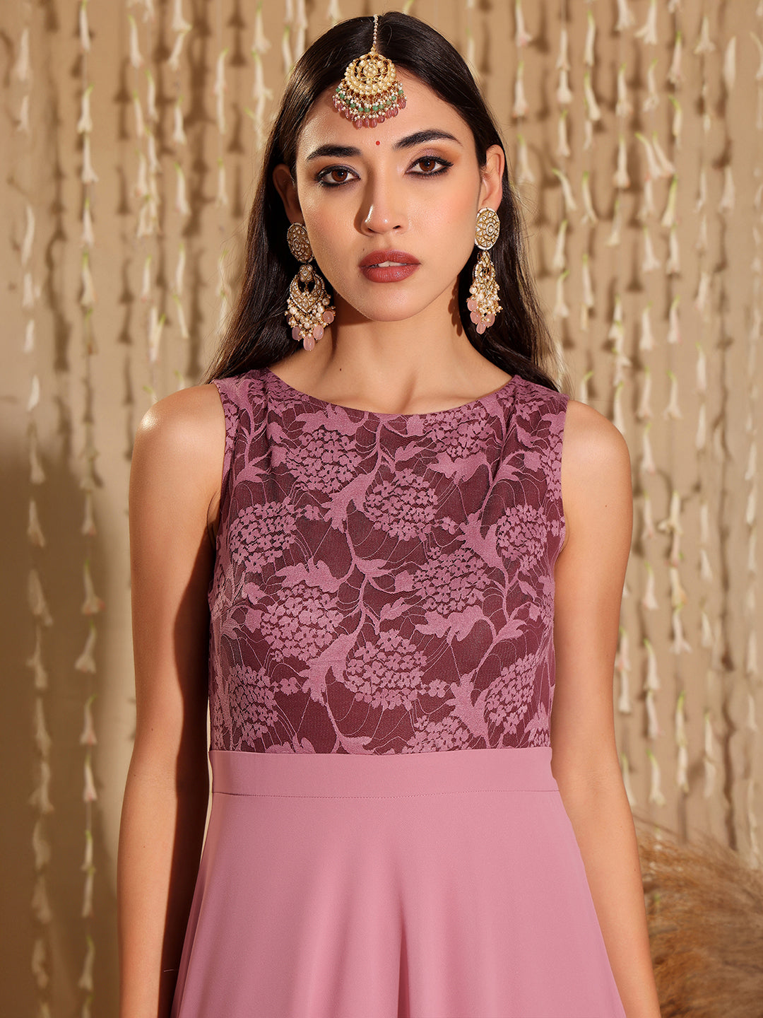 Lavender Sleeveless Fit and Flare Lace Dress for Women