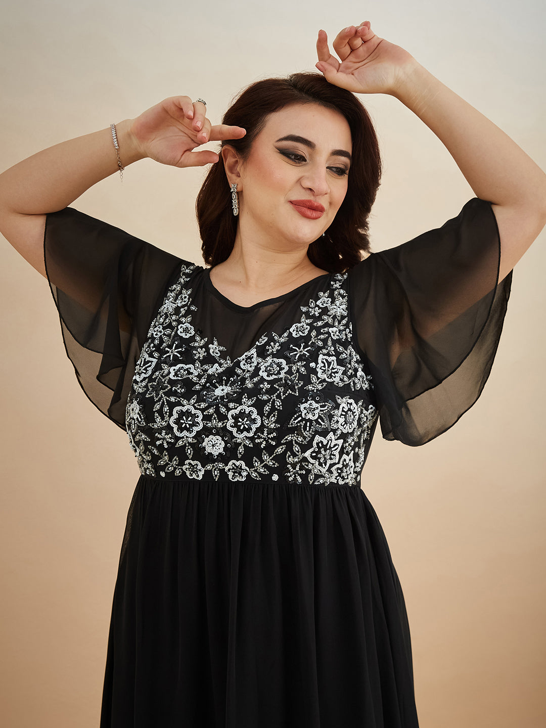 Black Embellished Gathered Maxi Dress for Women