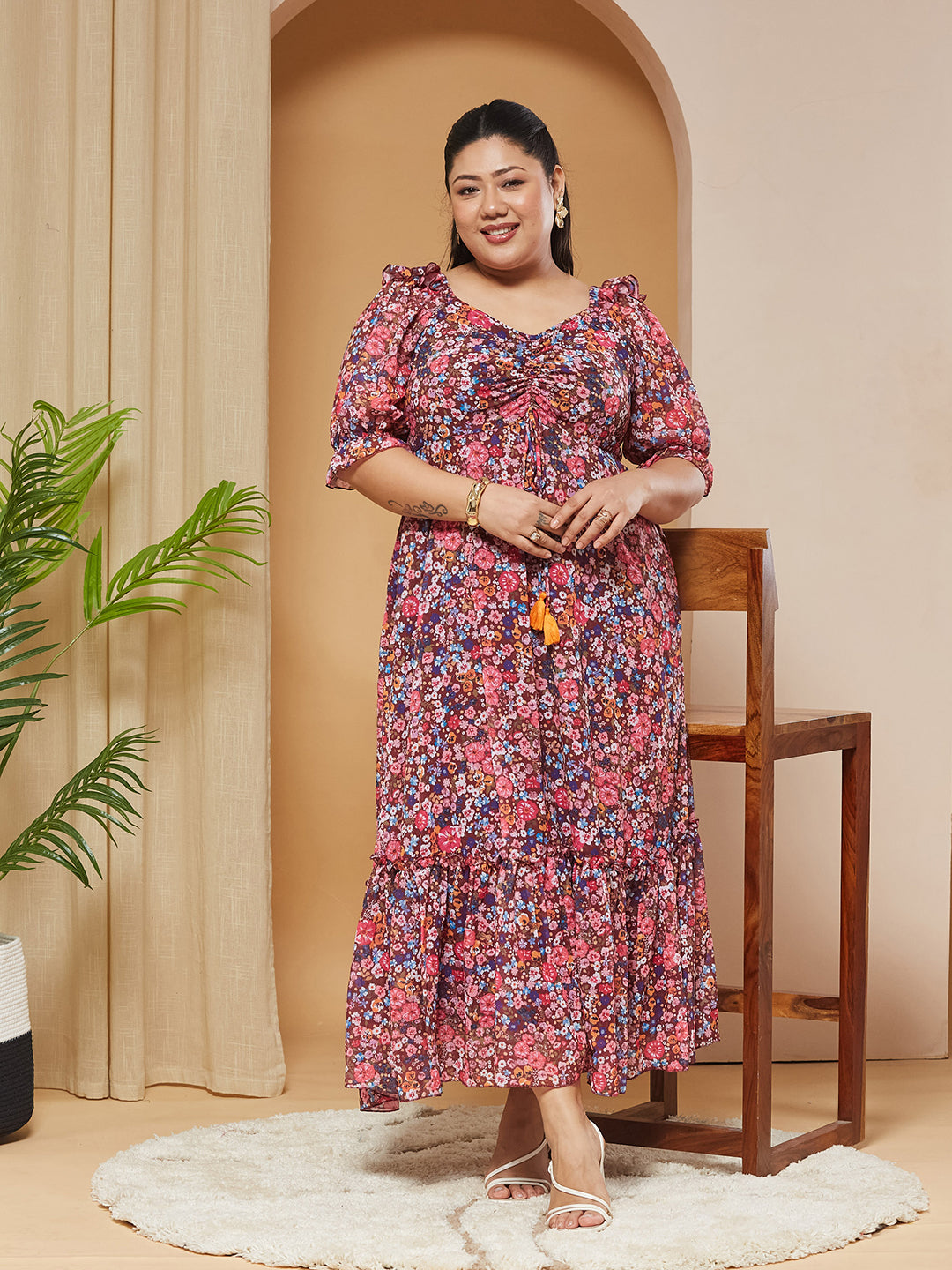 Multicolored-Base-Wine V-Neck Puff-Sleeves Floral Ruching Ankle-Length Dress for Women
