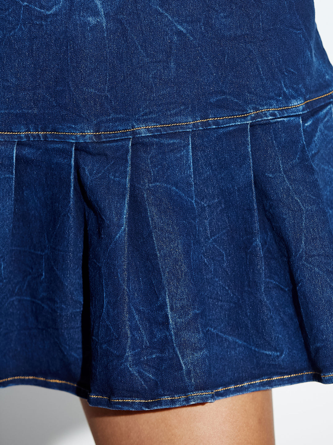 Navy Blue Collar Neck Half Sleeve Solid A-Line Mini Pleated Dress Mini Denim Dress For Women — Miss Chase