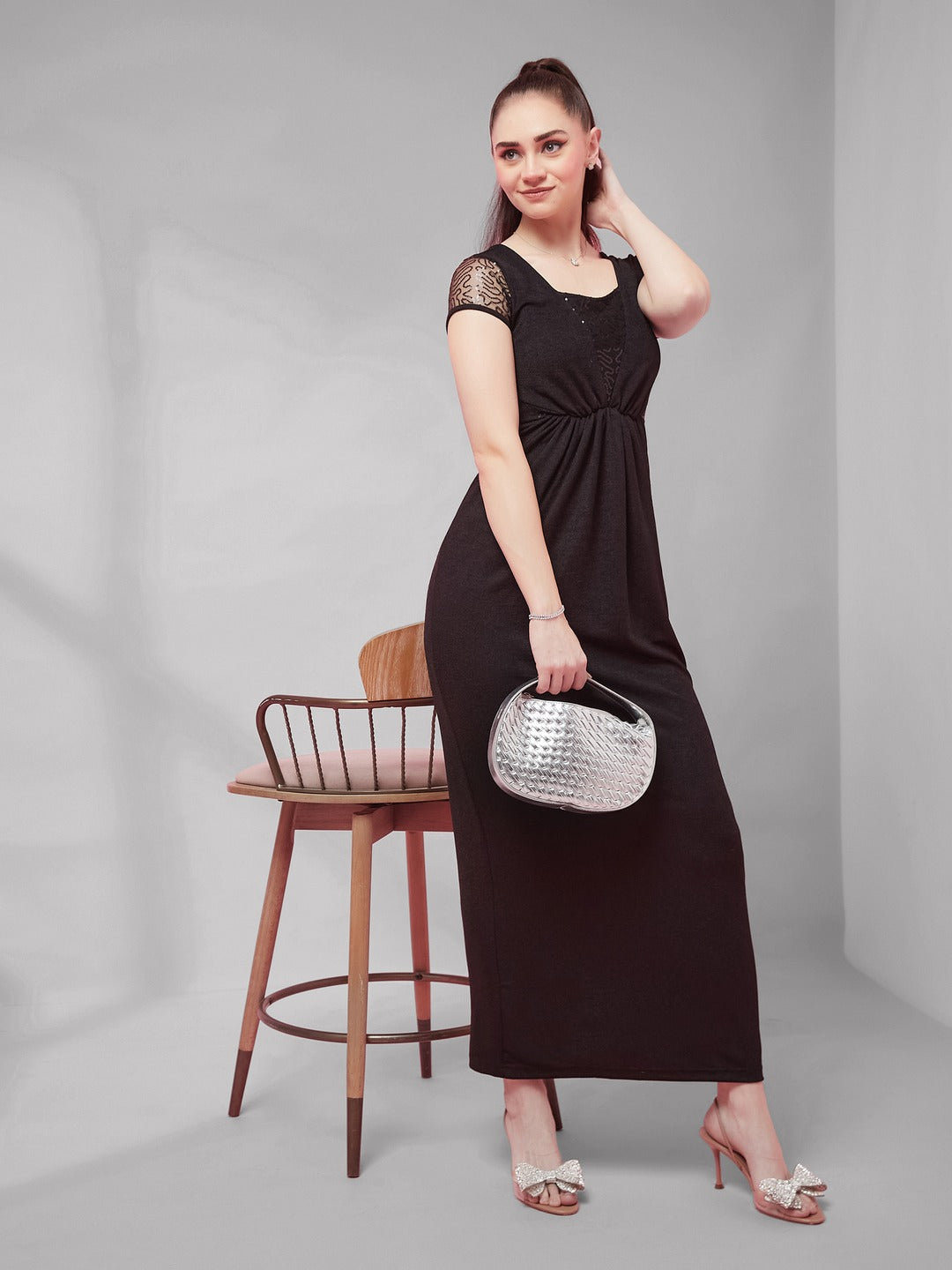 Black Sweet-Heart Neck Short Sleeve Embellished Gathered Polyester Maxi Dress for Women