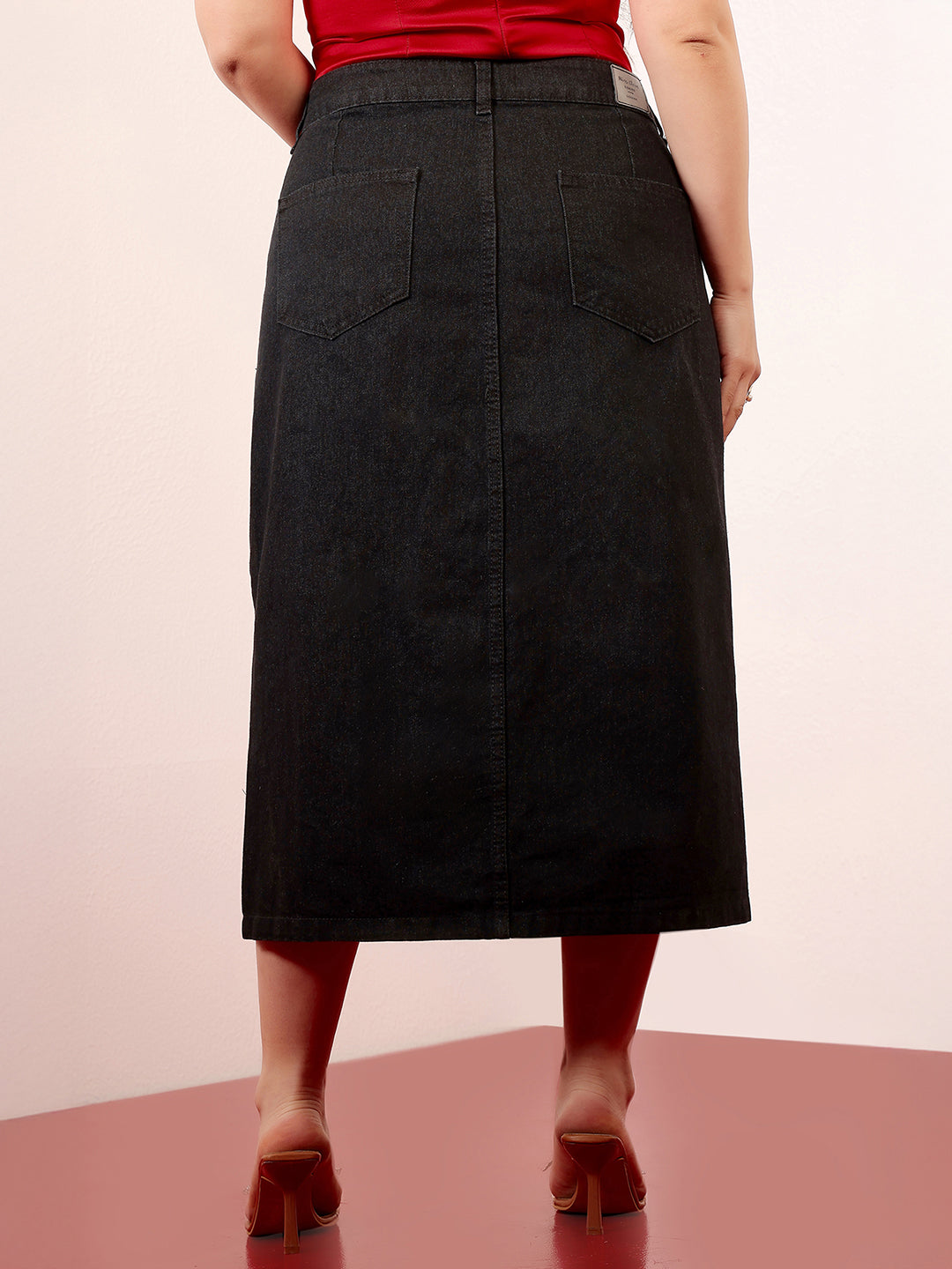 Black Straight-Fit High-Rise Stretchable Denim Midi Skirt for Women