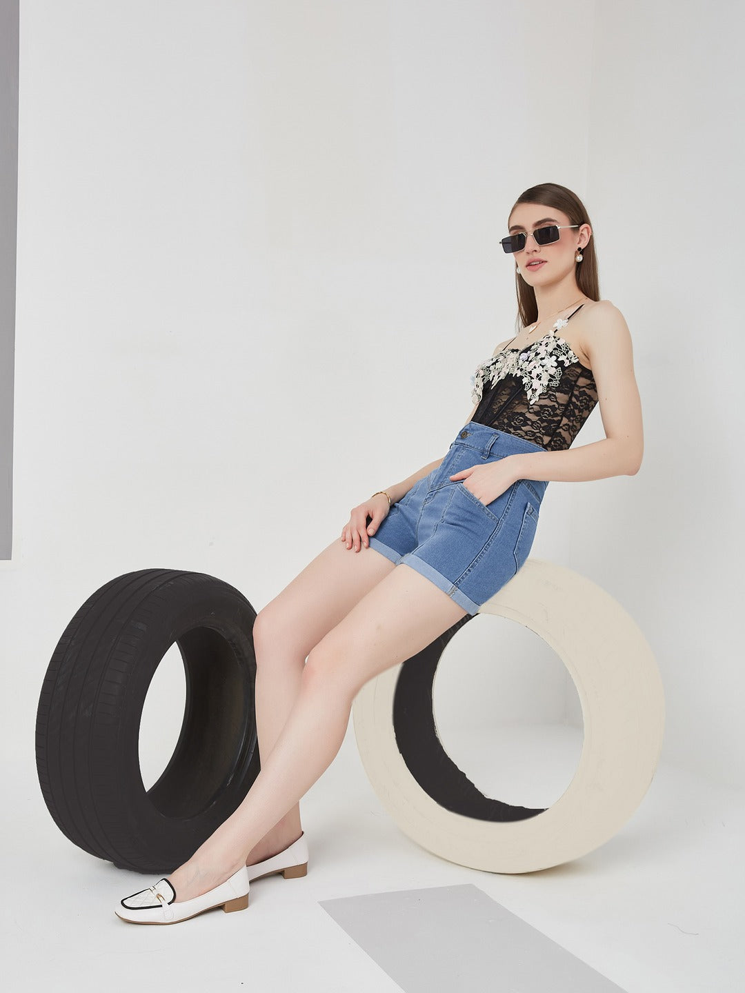 Blue Relaxed-Fit High-Rise Stretchable Blue Denim Shorts for Women
