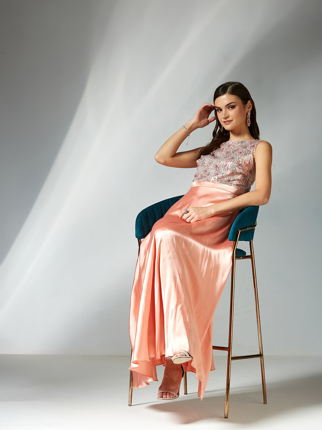 Peach Boat Neck Sleeveless Embellished Fit and Flare Maxi Dress for Women