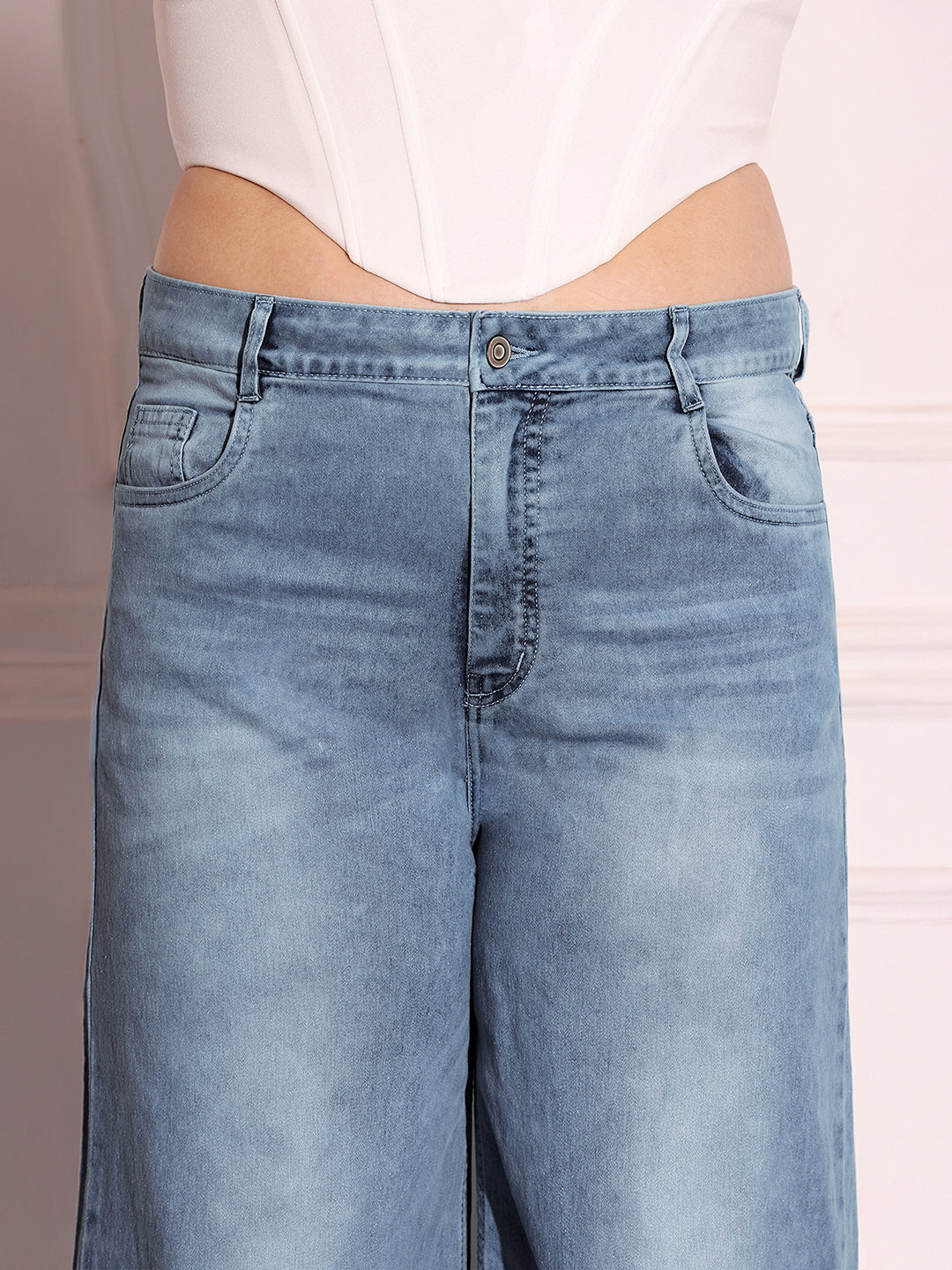 Women's Light Blue High-Rise Stretchable Denim Wide-Leg Shaping Jeans