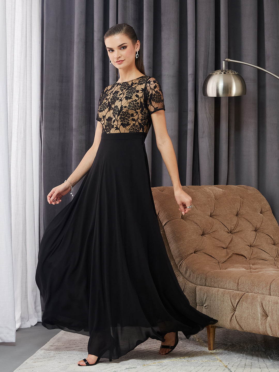 Women's Black Round Neck Half Sleeve Self Design Fit & Flare Georgette Maxi Dress