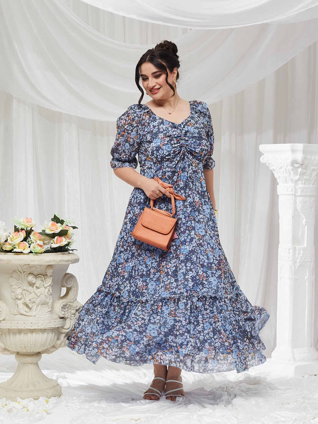 Navy Blue V-Neck Puff Sleeve Floral Ruching Ankle-Length Dress for Women — Miss Chase A+