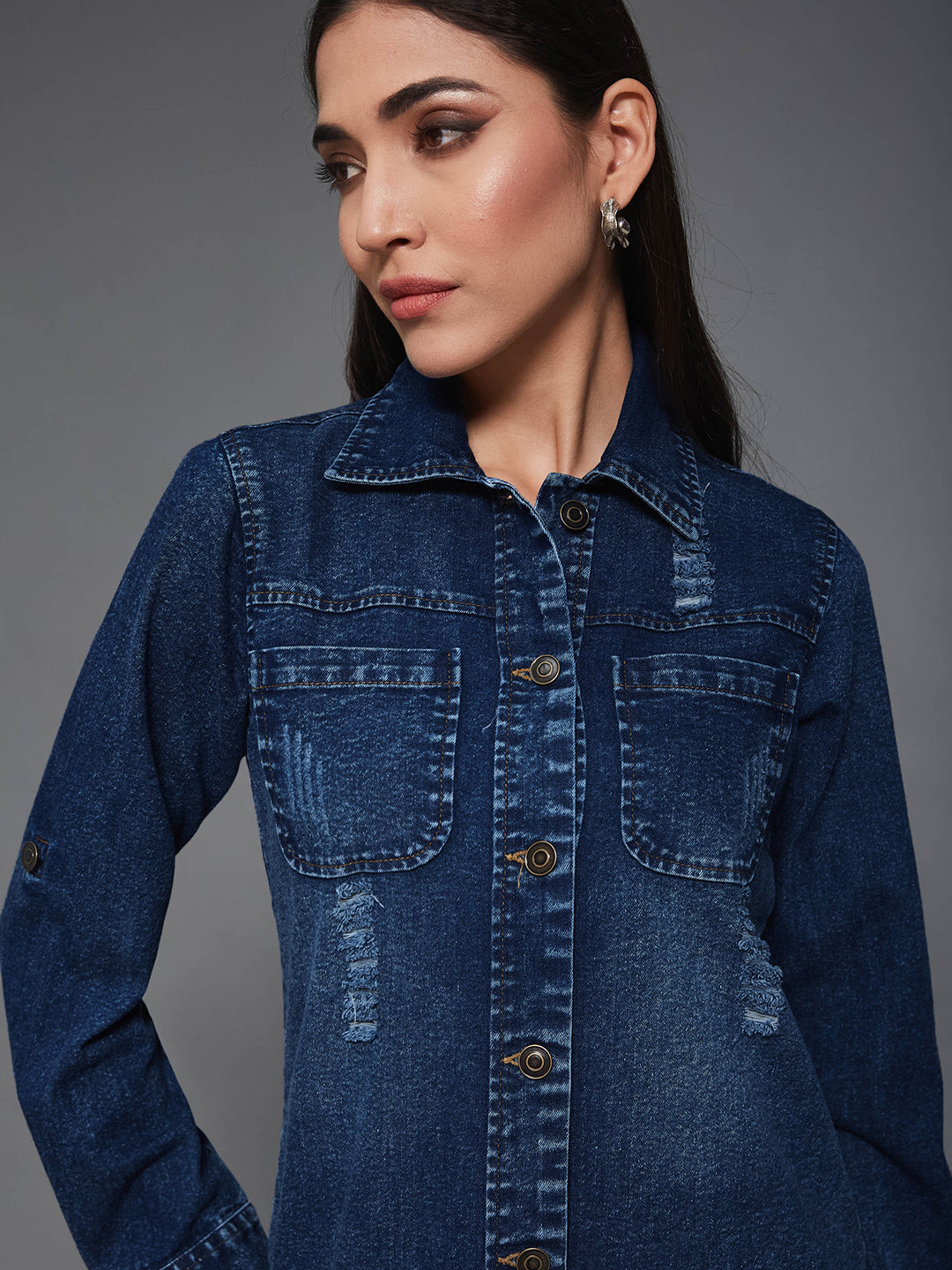 Navy-Blue Solid Polo Neck Full Sleeves Patch Pocket Denim Overcoat Knee-Length Jacket for Women