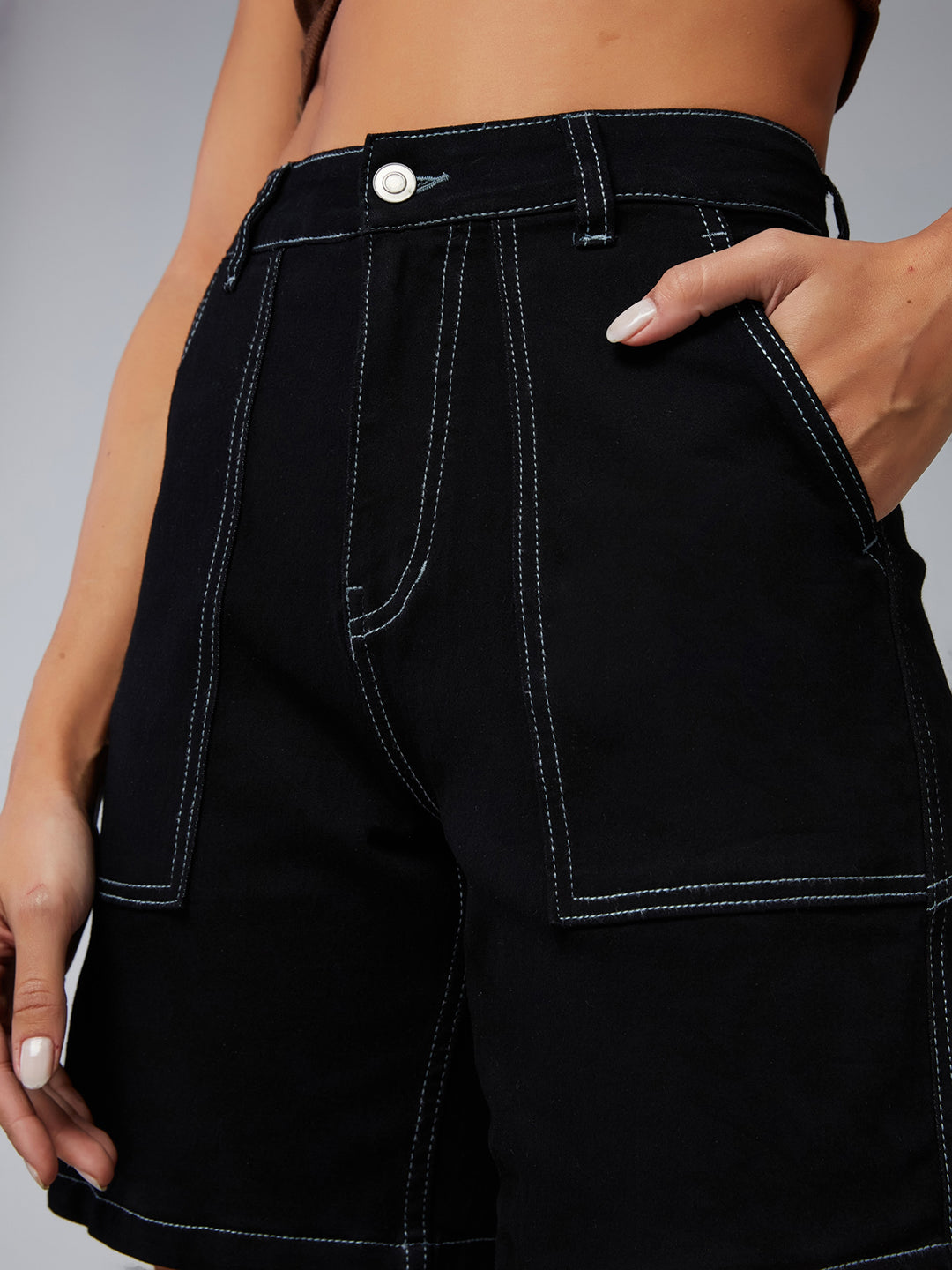 Black Regular High-Rise Clean-Look Above Knee Stretchable Denim Shorts for Women