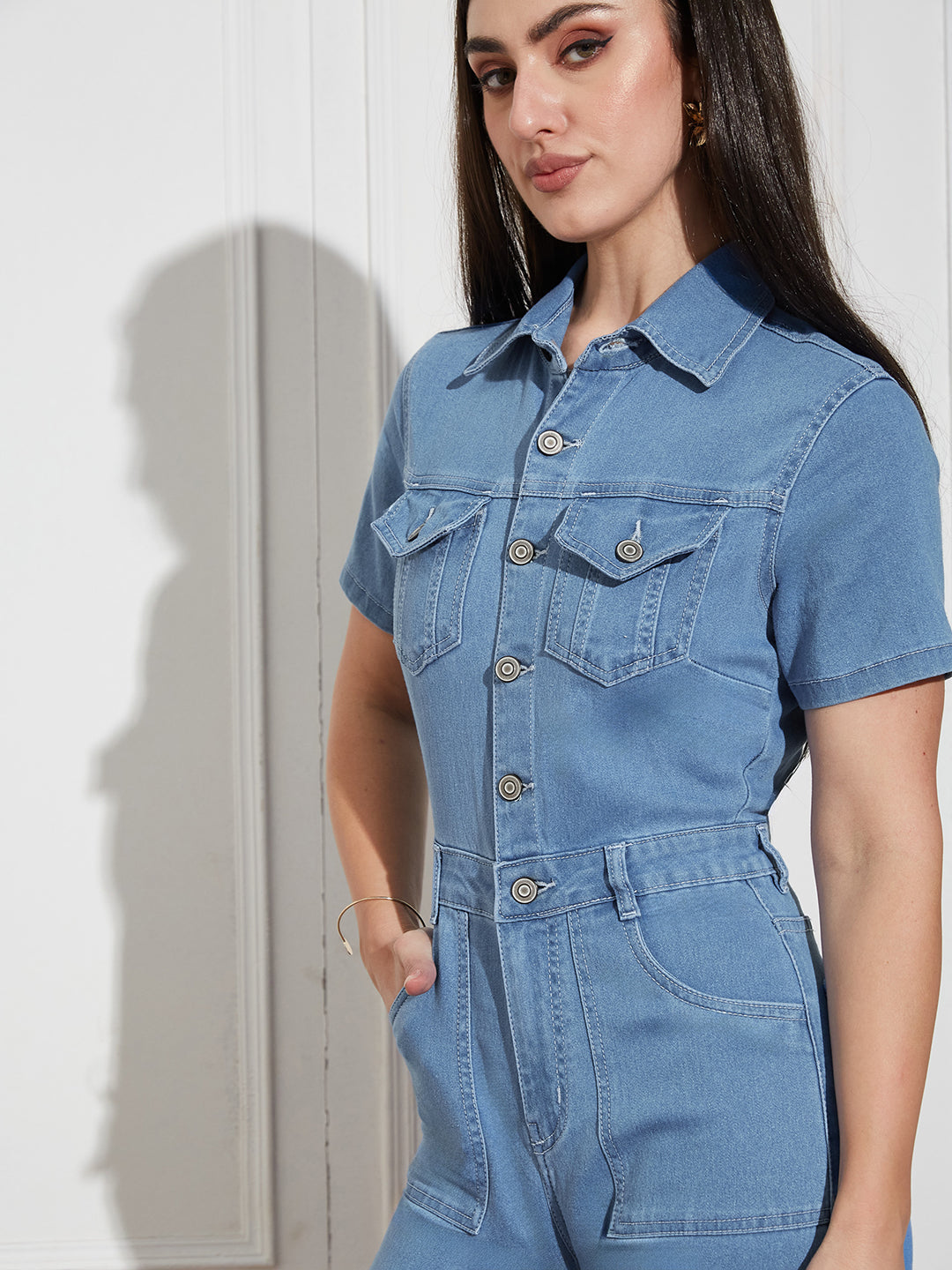 Women's Light Blue Flared High Rise Regular Length Stretchable Denim Jumpsuit