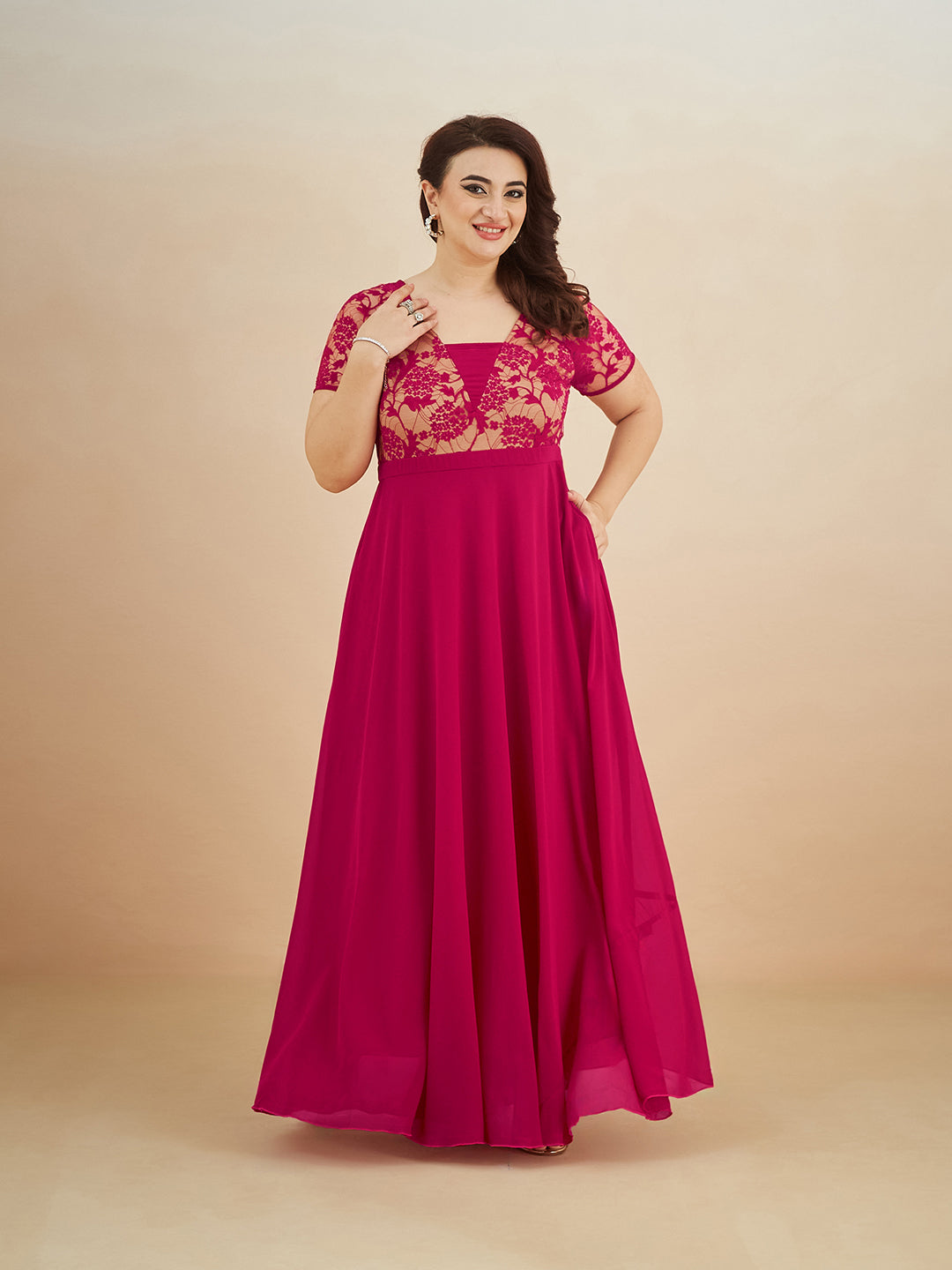 Dark Pink Square Neck Raglan Short Sleeve Self Design Lace Overlaid Georgette Maxi Dress for Women