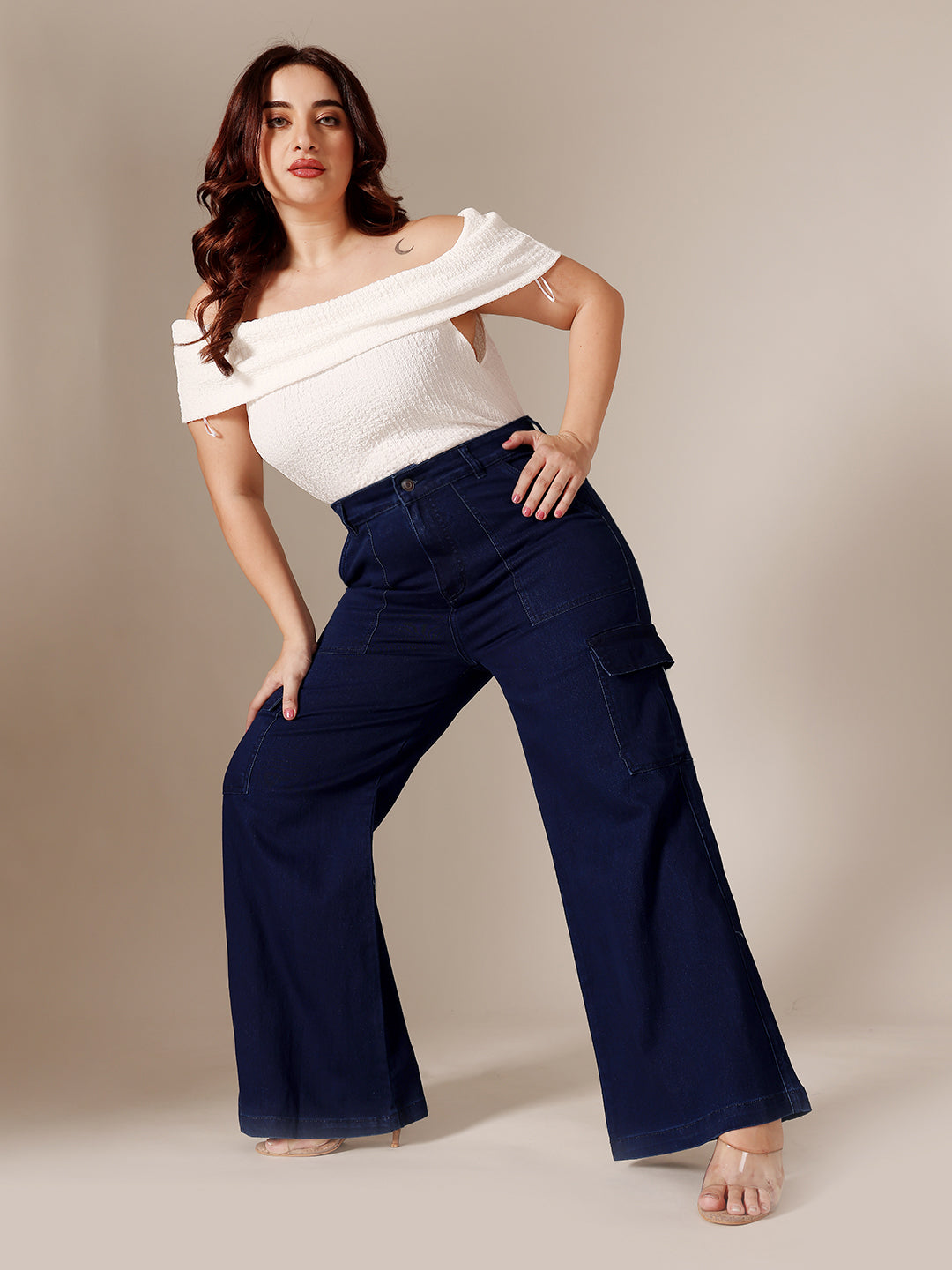 CHASEstretch™ Navy Blue Wide-Leg High-Rise Clean-Look Regular-Length Stretchable Denim Cargo Jeans for Women