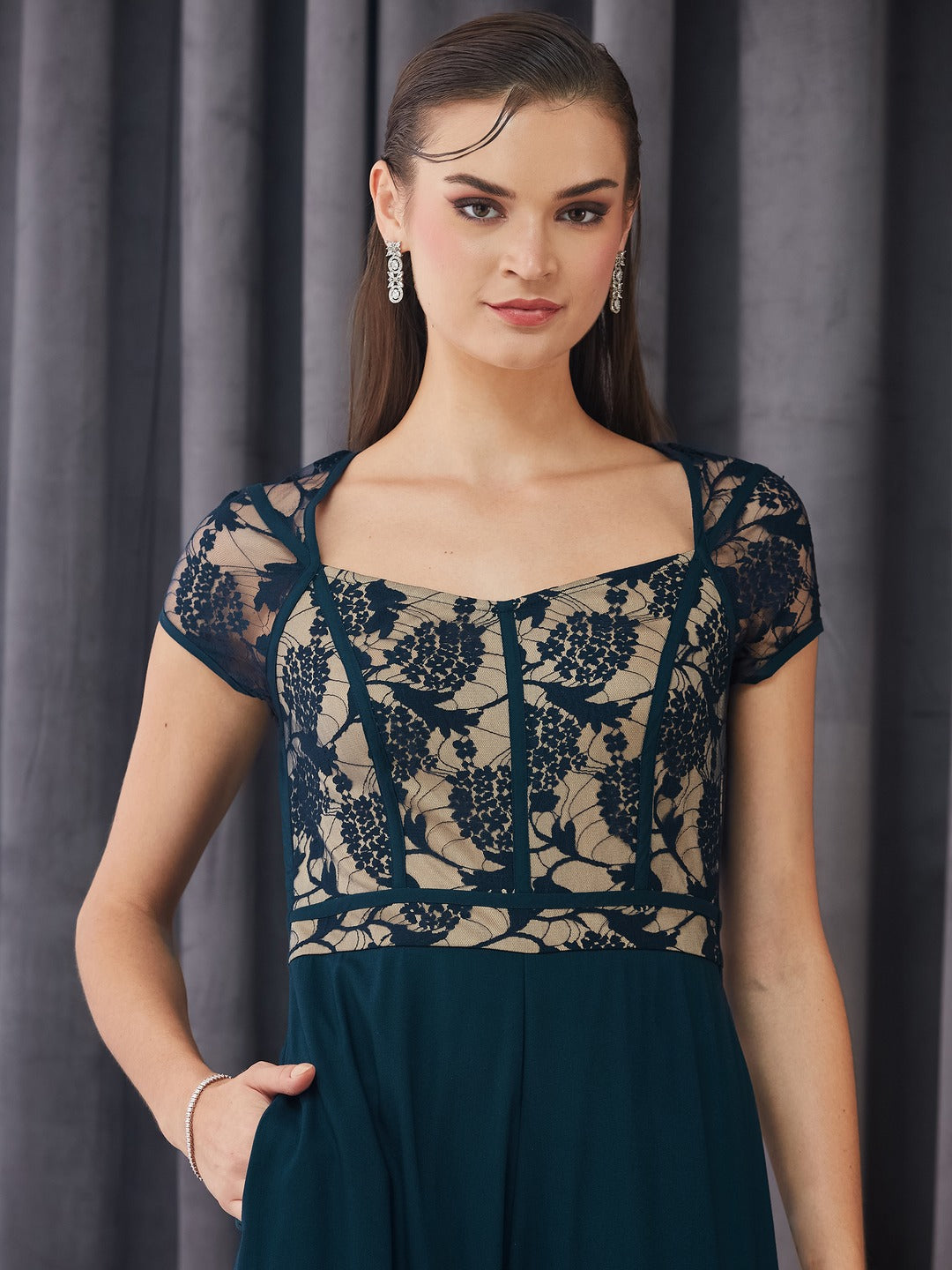 Teal and Beige Sweetheart Neck Raglan Sleeve Floral Lace Overlaid Jumpsuit for Women for Women