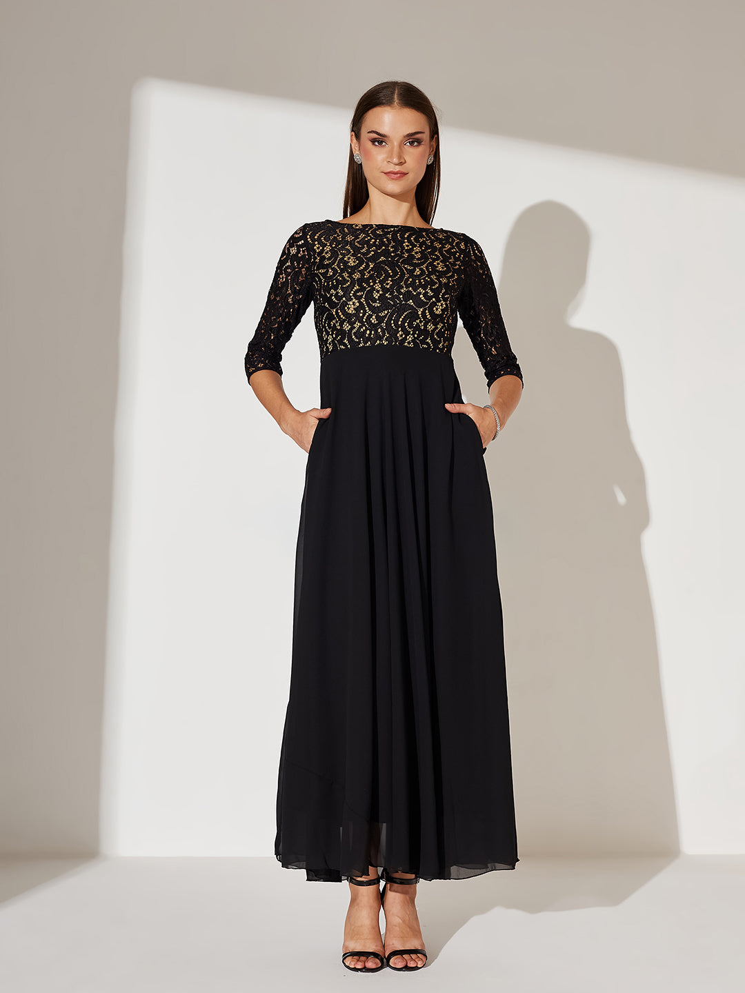 Women's Black Self Design Boat Neck 3/4 Sleeves Side Pocketed Georgette Fit and Flare Maxi Length Dress