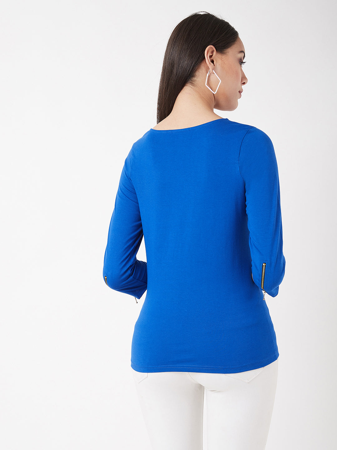 Women's Cobalt Blue Round Neck 3/4 Sleeves Solid Zippered Top