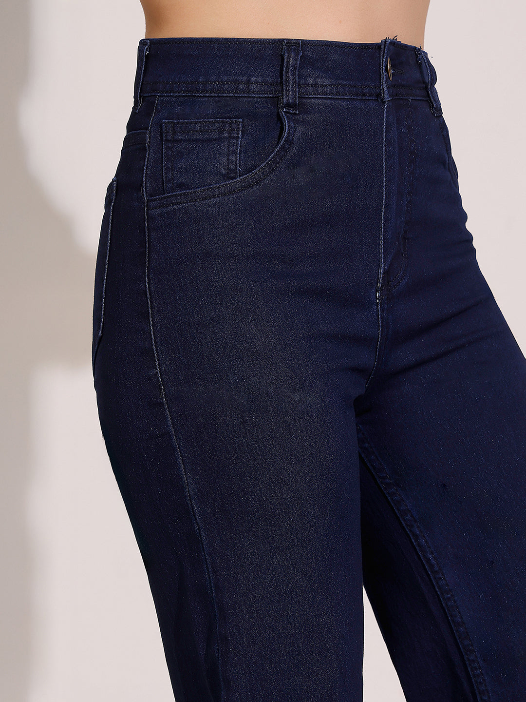 Women's Navy Blue Wide-Leg High-Rise Clean-Look Regular-Length Stretchable Denim Jeans