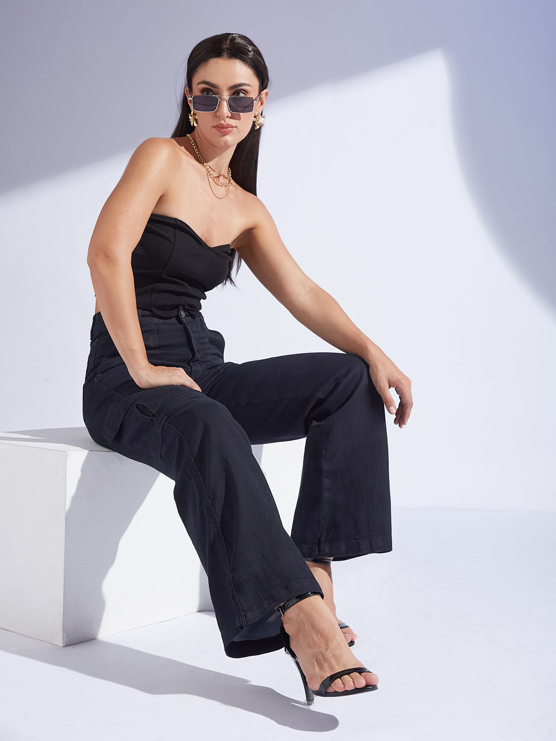 Women's Black Wide leg High-Rise Regular Stretchable Denim Jeans