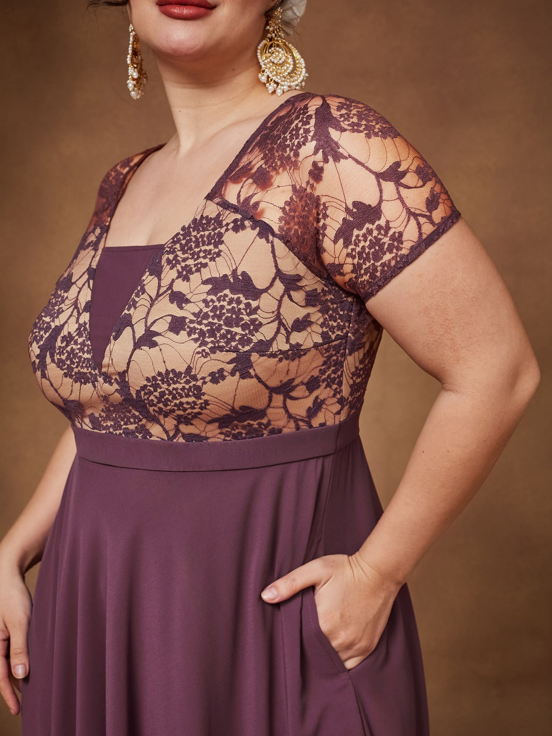 Mauve Square-Neck Raglan-Sleeve Self-Designed Flared Georgette Maxi Dress for Women — Miss Chase A+