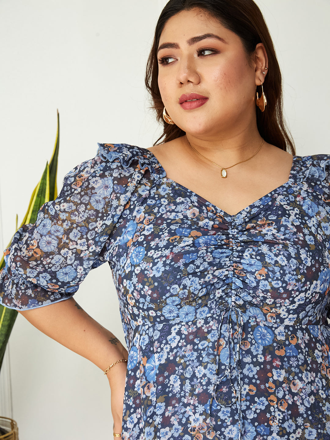 Body Bliss Multicolored-Base-Navy Blue Floral Ruching Ankle-Length Dress